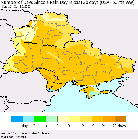 Ukraine, Moldova and Belarus Number of Days Since a Rain Day in past 30 days (USAF 557th WW) Thematic Map For 10/6/2021 - 10/10/2021