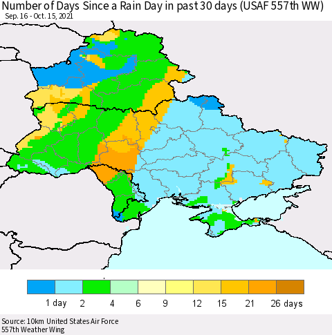 Ukraine, Moldova and Belarus Number of Days Since a Rain Day in past 30 days (USAF 557th WW) Thematic Map For 10/11/2021 - 10/15/2021