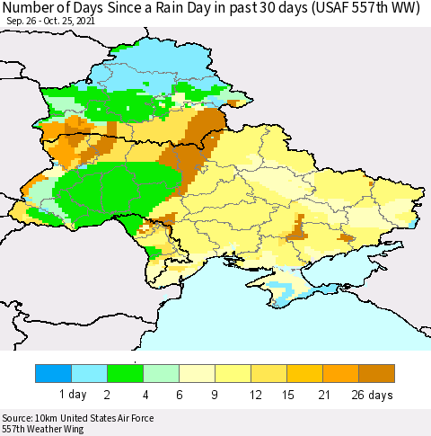 Ukraine, Moldova and Belarus Number of Days Since a Rain Day in past 30 days (USAF 557th WW) Thematic Map For 10/21/2021 - 10/25/2021