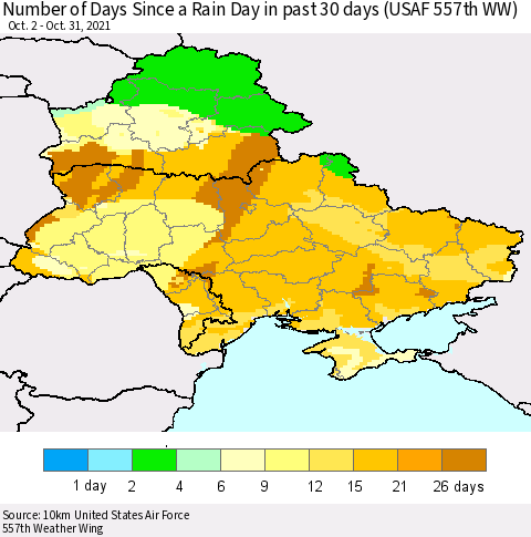 Ukraine, Moldova and Belarus Number of Days Since a Rain Day in past 30 days (USAF 557th WW) Thematic Map For 10/26/2021 - 10/31/2021