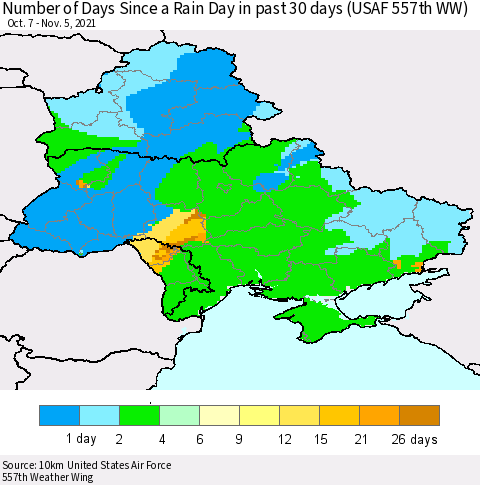 Ukraine, Moldova and Belarus Number of Days Since a Rain Day in past 30 days (USAF 557th WW) Thematic Map For 11/1/2021 - 11/5/2021