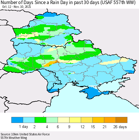 Ukraine, Moldova and Belarus Number of Days Since a Rain Day in past 30 days (USAF 557th WW) Thematic Map For 11/6/2021 - 11/10/2021