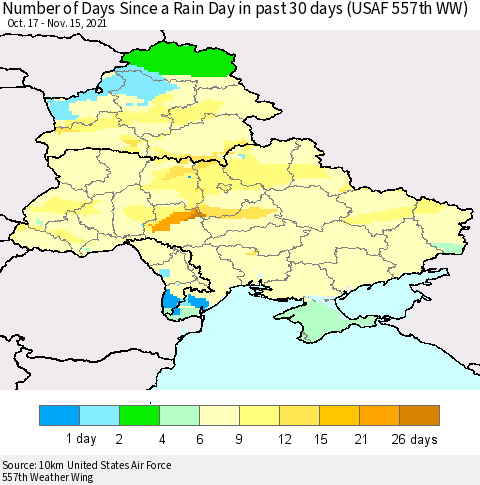Ukraine, Moldova and Belarus Number of Days Since a Rain Day in past 30 days (USAF 557th WW) Thematic Map For 11/11/2021 - 11/15/2021