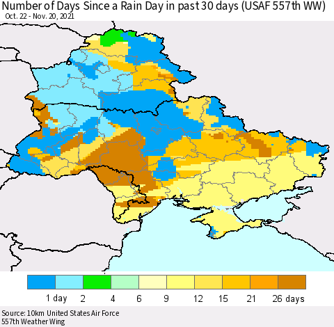Ukraine, Moldova and Belarus Number of Days Since a Rain Day in past 30 days (USAF 557th WW) Thematic Map For 11/16/2021 - 11/20/2021
