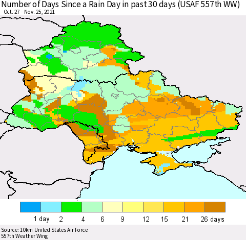Ukraine, Moldova and Belarus Number of Days Since a Rain Day in past 30 days (USAF 557th WW) Thematic Map For 11/21/2021 - 11/25/2021