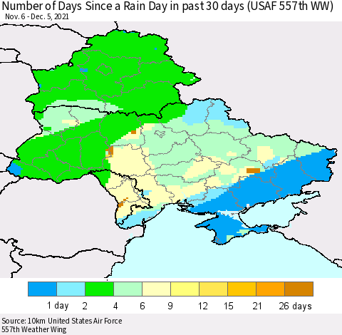Ukraine, Moldova and Belarus Number of Days Since a Rain Day in past 30 days (USAF 557th WW) Thematic Map For 12/1/2021 - 12/5/2021