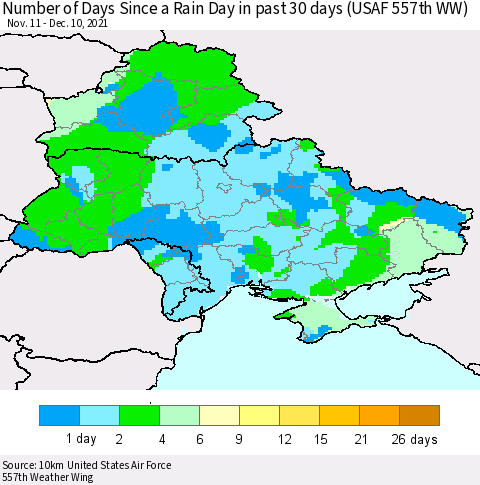 Ukraine, Moldova and Belarus Number of Days Since a Rain Day in past 30 days (USAF 557th WW) Thematic Map For 12/6/2021 - 12/10/2021