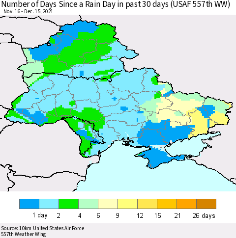 Ukraine, Moldova and Belarus Number of Days Since a Rain Day in past 30 days (USAF 557th WW) Thematic Map For 12/11/2021 - 12/15/2021