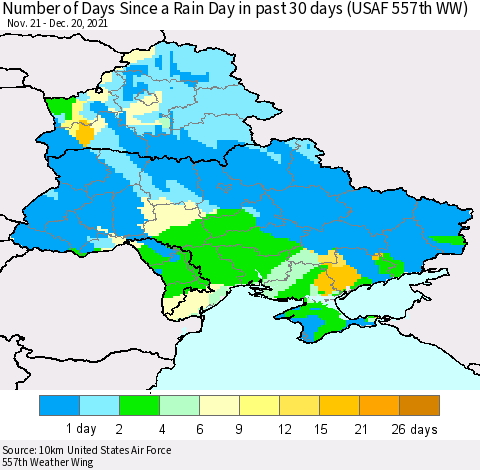 Ukraine, Moldova and Belarus Number of Days Since a Rain Day in past 30 days (USAF 557th WW) Thematic Map For 12/16/2021 - 12/20/2021