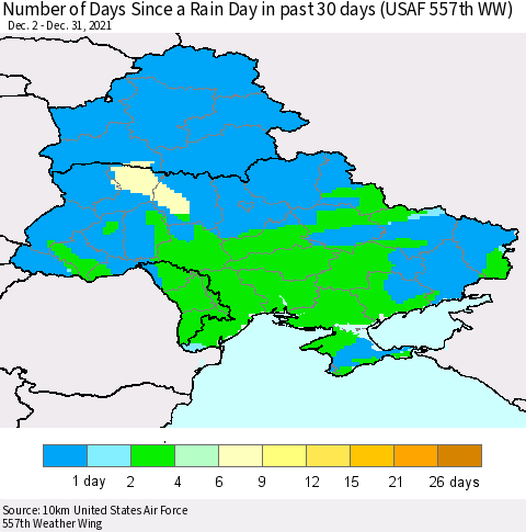 Ukraine, Moldova and Belarus Number of Days Since a Rain Day in past 30 days (USAF 557th WW) Thematic Map For 12/26/2021 - 12/31/2021