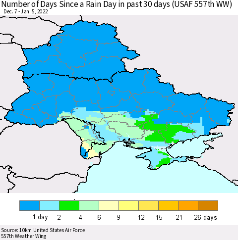Ukraine, Moldova and Belarus Number of Days Since a Rain Day in past 30 days (USAF 557th WW) Thematic Map For 1/1/2022 - 1/5/2022