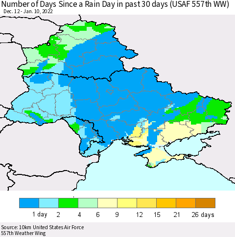 Ukraine, Moldova and Belarus Number of Days Since a Rain Day in past 30 days (USAF 557th WW) Thematic Map For 1/6/2022 - 1/10/2022