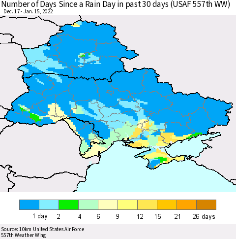 Ukraine, Moldova and Belarus Number of Days Since a Rain Day in past 30 days (USAF 557th WW) Thematic Map For 1/11/2022 - 1/15/2022
