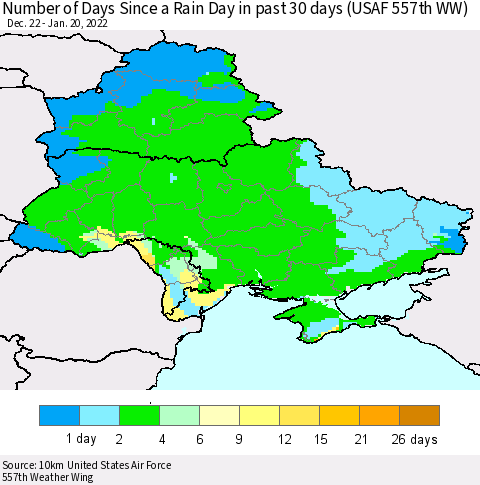 Ukraine, Moldova and Belarus Number of Days Since a Rain Day in past 30 days (USAF 557th WW) Thematic Map For 1/16/2022 - 1/20/2022