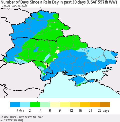 Ukraine, Moldova and Belarus Number of Days Since a Rain Day in past 30 days (USAF 557th WW) Thematic Map For 1/21/2022 - 1/25/2022