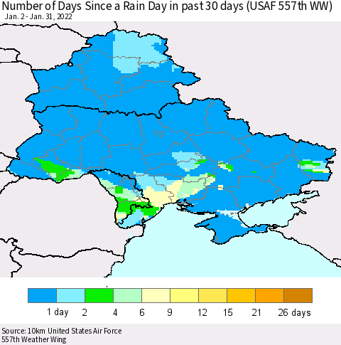 Ukraine, Moldova and Belarus Number of Days Since a Rain Day in past 30 days (USAF 557th WW) Thematic Map For 1/26/2022 - 1/31/2022