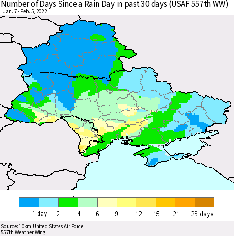 Ukraine, Moldova and Belarus Number of Days Since a Rain Day in past 30 days (USAF 557th WW) Thematic Map For 2/1/2022 - 2/5/2022