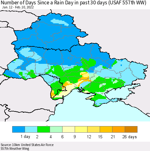 Ukraine, Moldova and Belarus Number of Days Since a Rain Day in past 30 days (USAF 557th WW) Thematic Map For 2/6/2022 - 2/10/2022