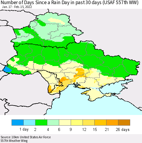 Ukraine, Moldova and Belarus Number of Days Since a Rain Day in past 30 days (USAF 557th WW) Thematic Map For 2/11/2022 - 2/15/2022