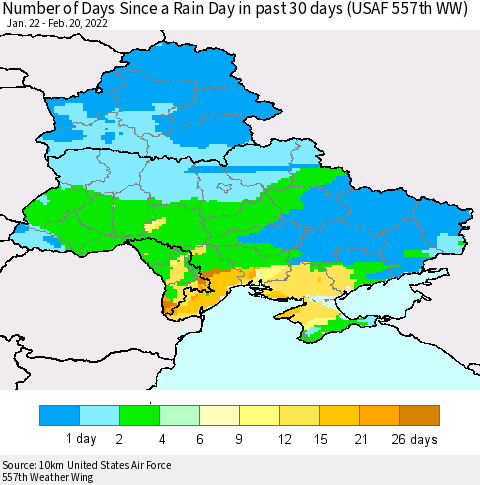Ukraine, Moldova and Belarus Number of Days Since a Rain Day in past 30 days (USAF 557th WW) Thematic Map For 2/16/2022 - 2/20/2022