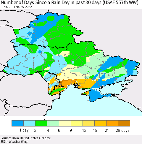 Ukraine, Moldova and Belarus Number of Days Since a Rain Day in past 30 days (USAF 557th WW) Thematic Map For 2/21/2022 - 2/25/2022