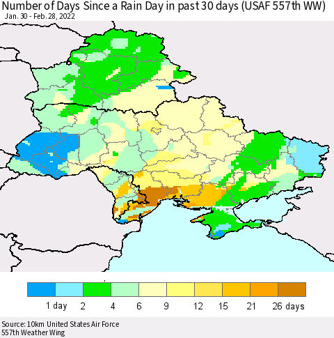 Ukraine, Moldova and Belarus Number of Days Since a Rain Day in past 30 days (USAF 557th WW) Thematic Map For 2/26/2022 - 2/28/2022