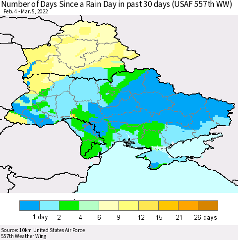 Ukraine, Moldova and Belarus Number of Days Since a Rain Day in past 30 days (USAF 557th WW) Thematic Map For 3/1/2022 - 3/5/2022