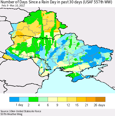 Ukraine, Moldova and Belarus Number of Days Since a Rain Day in past 30 days (USAF 557th WW) Thematic Map For 3/6/2022 - 3/10/2022