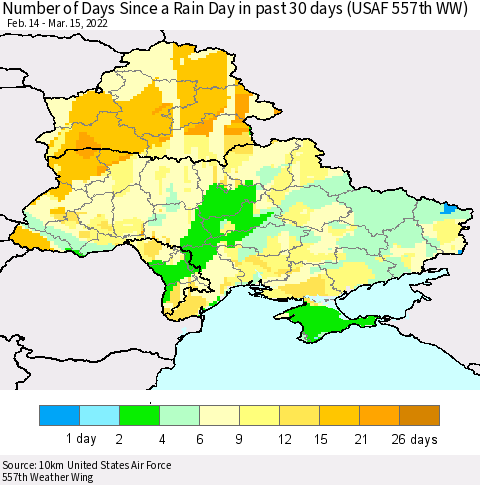 Ukraine, Moldova and Belarus Number of Days Since a Rain Day in past 30 days (USAF 557th WW) Thematic Map For 3/11/2022 - 3/15/2022