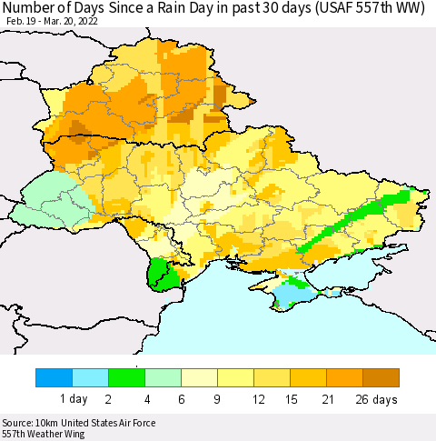 Ukraine, Moldova and Belarus Number of Days Since a Rain Day in past 30 days (USAF 557th WW) Thematic Map For 3/16/2022 - 3/20/2022