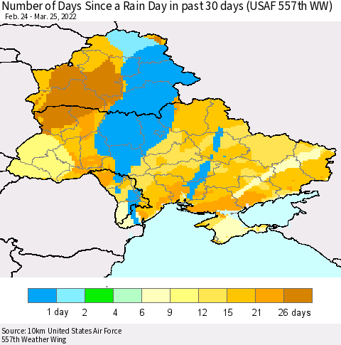 Ukraine, Moldova and Belarus Number of Days Since a Rain Day in past 30 days (USAF 557th WW) Thematic Map For 3/21/2022 - 3/25/2022