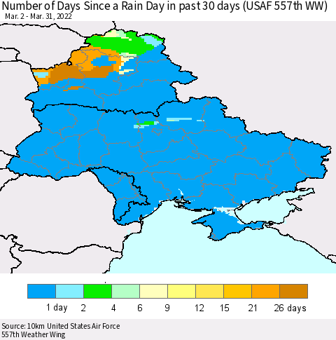 Ukraine, Moldova and Belarus Number of Days Since a Rain Day in past 30 days (USAF 557th WW) Thematic Map For 3/26/2022 - 3/31/2022