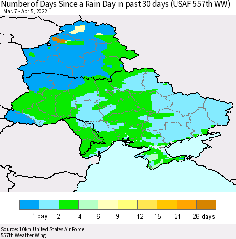 Ukraine, Moldova and Belarus Number of Days Since a Rain Day in past 30 days (USAF 557th WW) Thematic Map For 4/1/2022 - 4/5/2022