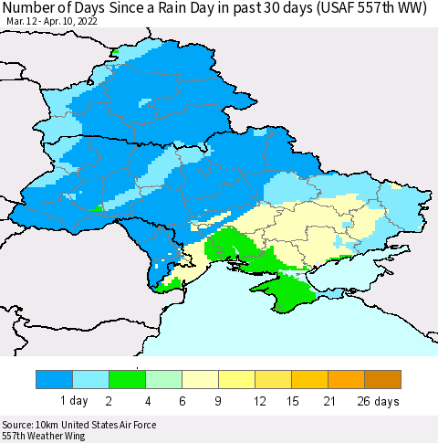 Ukraine, Moldova and Belarus Number of Days Since a Rain Day in past 30 days (USAF 557th WW) Thematic Map For 4/6/2022 - 4/10/2022