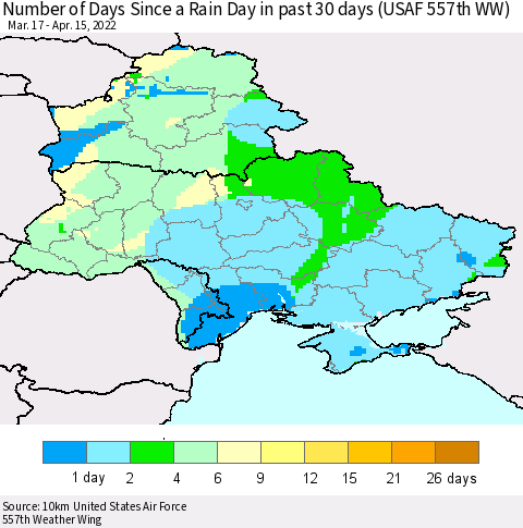 Ukraine, Moldova and Belarus Number of Days Since a Rain Day in past 30 days (USAF 557th WW) Thematic Map For 4/11/2022 - 4/15/2022