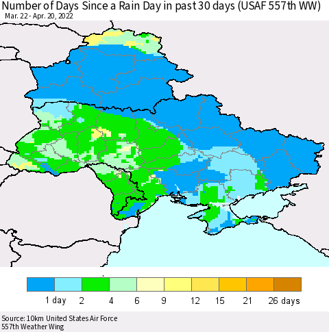 Ukraine, Moldova and Belarus Number of Days Since a Rain Day in past 30 days (USAF 557th WW) Thematic Map For 4/16/2022 - 4/20/2022