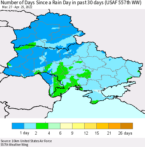 Ukraine, Moldova and Belarus Number of Days Since a Rain Day in past 30 days (USAF 557th WW) Thematic Map For 4/21/2022 - 4/25/2022