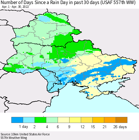 Ukraine, Moldova and Belarus Number of Days Since a Rain Day in past 30 days (USAF 557th WW) Thematic Map For 4/26/2022 - 4/30/2022