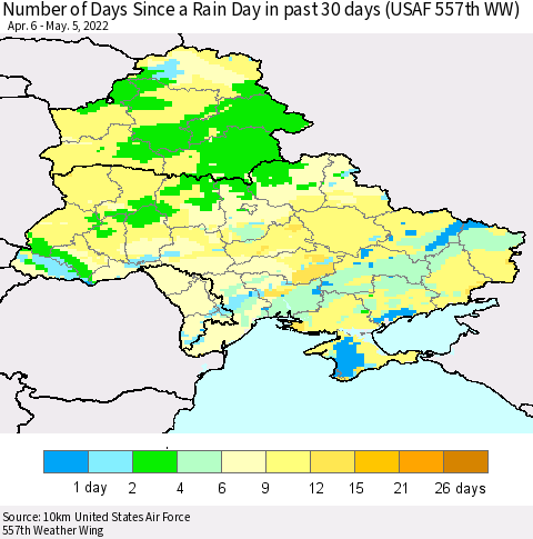 Ukraine, Moldova and Belarus Number of Days Since a Rain Day in past 30 days (USAF 557th WW) Thematic Map For 5/1/2022 - 5/5/2022