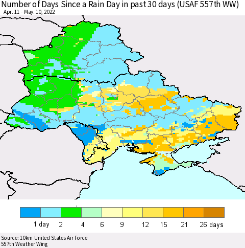 Ukraine, Moldova and Belarus Number of Days Since a Rain Day in past 30 days (USAF 557th WW) Thematic Map For 5/6/2022 - 5/10/2022