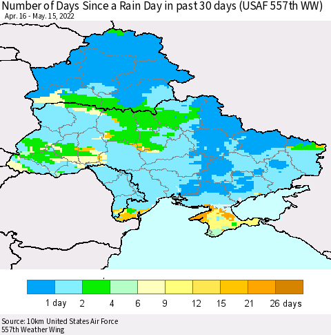 Ukraine, Moldova and Belarus Number of Days Since a Rain Day in past 30 days (USAF 557th WW) Thematic Map For 5/11/2022 - 5/15/2022