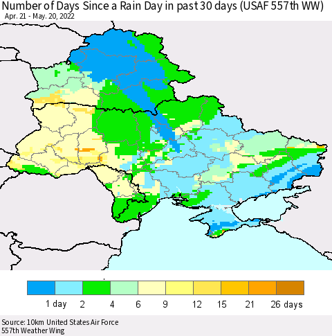 Ukraine, Moldova and Belarus Number of Days Since a Rain Day in past 30 days (USAF 557th WW) Thematic Map For 5/16/2022 - 5/20/2022