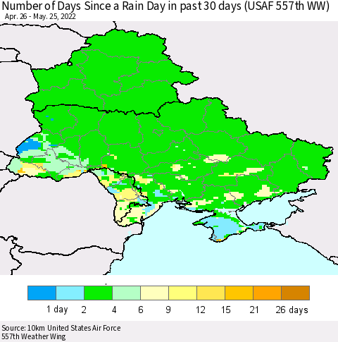 Ukraine, Moldova and Belarus Number of Days Since a Rain Day in past 30 days (USAF 557th WW) Thematic Map For 5/21/2022 - 5/25/2022