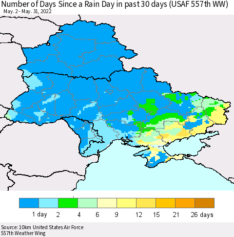 Ukraine, Moldova and Belarus Number of Days Since a Rain Day in past 30 days (USAF 557th WW) Thematic Map For 5/26/2022 - 5/31/2022
