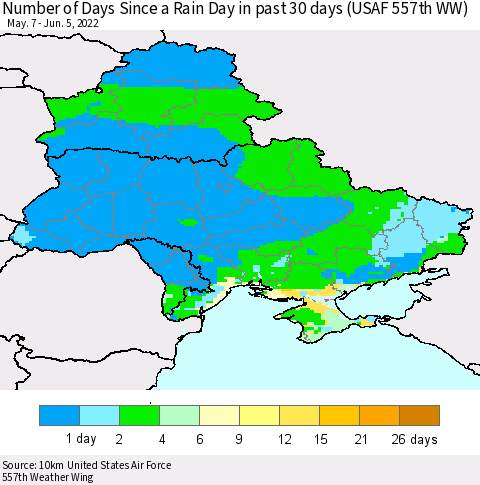 Ukraine, Moldova and Belarus Number of Days Since a Rain Day in past 30 days (USAF 557th WW) Thematic Map For 6/1/2022 - 6/5/2022