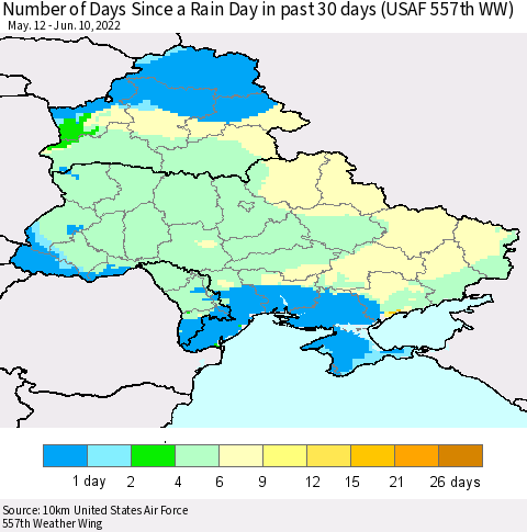 Ukraine, Moldova and Belarus Number of Days Since a Rain Day in past 30 days (USAF 557th WW) Thematic Map For 6/6/2022 - 6/10/2022