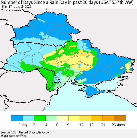 Ukraine, Moldova and Belarus Number of Days Since a Rain Day in past 30 days (USAF 557th WW) Thematic Map For 6/11/2022 - 6/15/2022