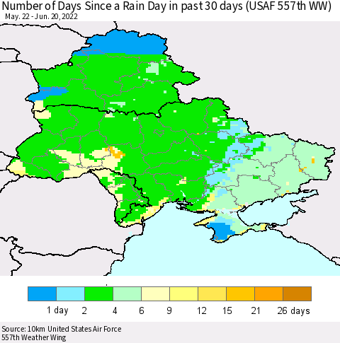 Ukraine, Moldova and Belarus Number of Days Since a Rain Day in past 30 days (USAF 557th WW) Thematic Map For 6/16/2022 - 6/20/2022