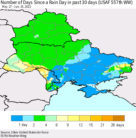 Ukraine, Moldova and Belarus Number of Days Since a Rain Day in past 30 days (USAF 557th WW) Thematic Map For 6/21/2022 - 6/25/2022