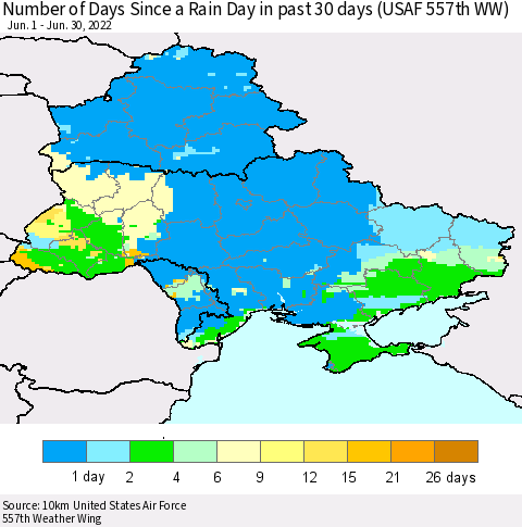 Ukraine, Moldova and Belarus Number of Days Since a Rain Day in past 30 days (USAF 557th WW) Thematic Map For 6/26/2022 - 6/30/2022